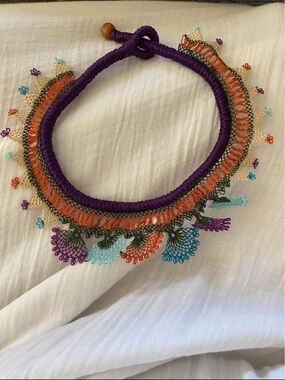 Handcrafted Vintage Multicolor Lace Collar Necklace with Purple Wrapped Band